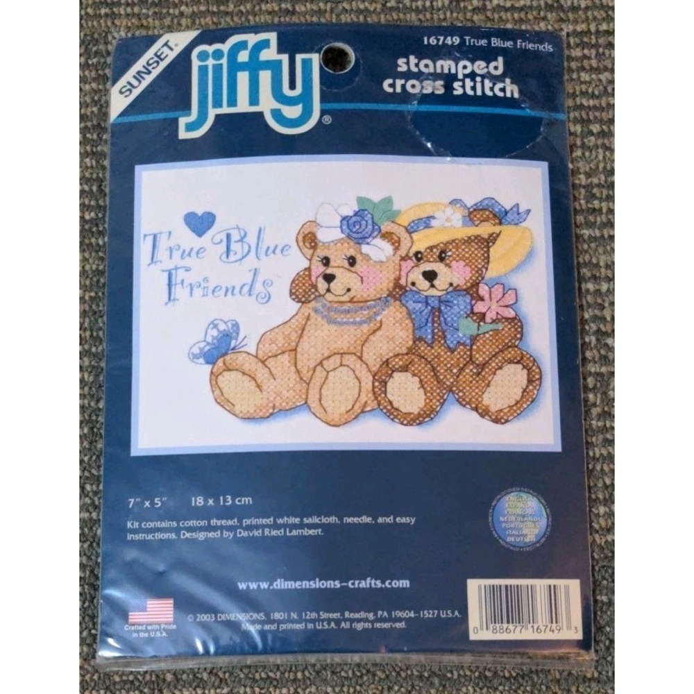 Dimensions Sunset Jiffy‎ Stamped Cross Stitch Kit True Blue Friends Teddy Bears